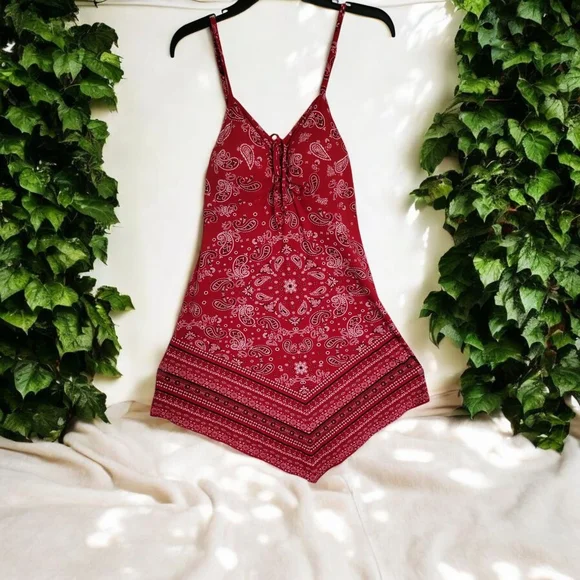 Red Bandana Print Handkerchief Hem Dress | Size M (7–9) | Boho Summer Vibes - Picture 1 of 12